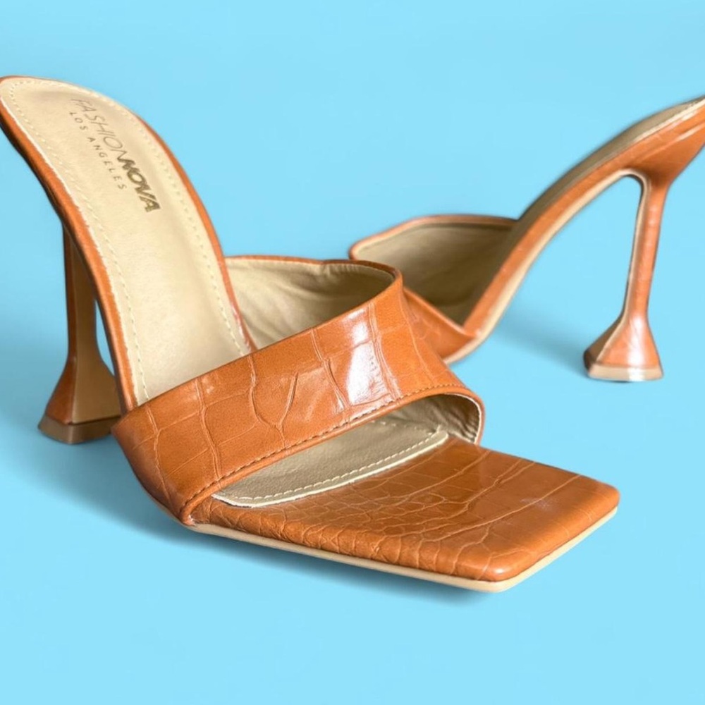 Fashion NOVA Camel Croc-Embossed Leather Slide Heels